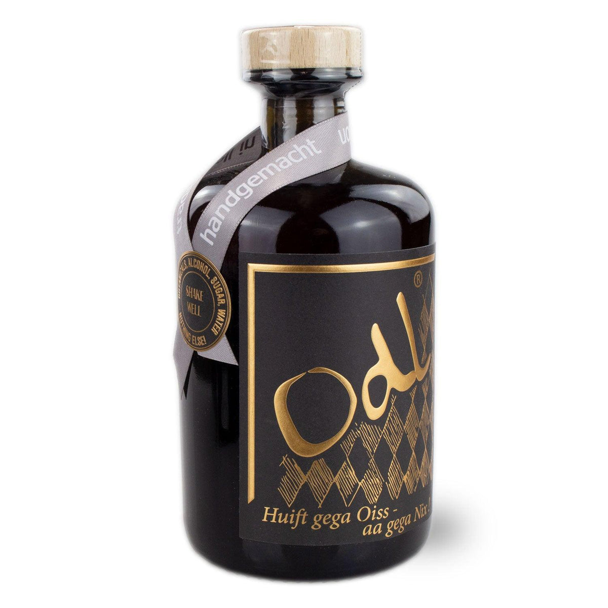 Dunkle handgemachte 0,5 Liter Spirituosenflasche mit goldener Aufschrift, Holzkorken und Etikett Huift gegga Oiss
