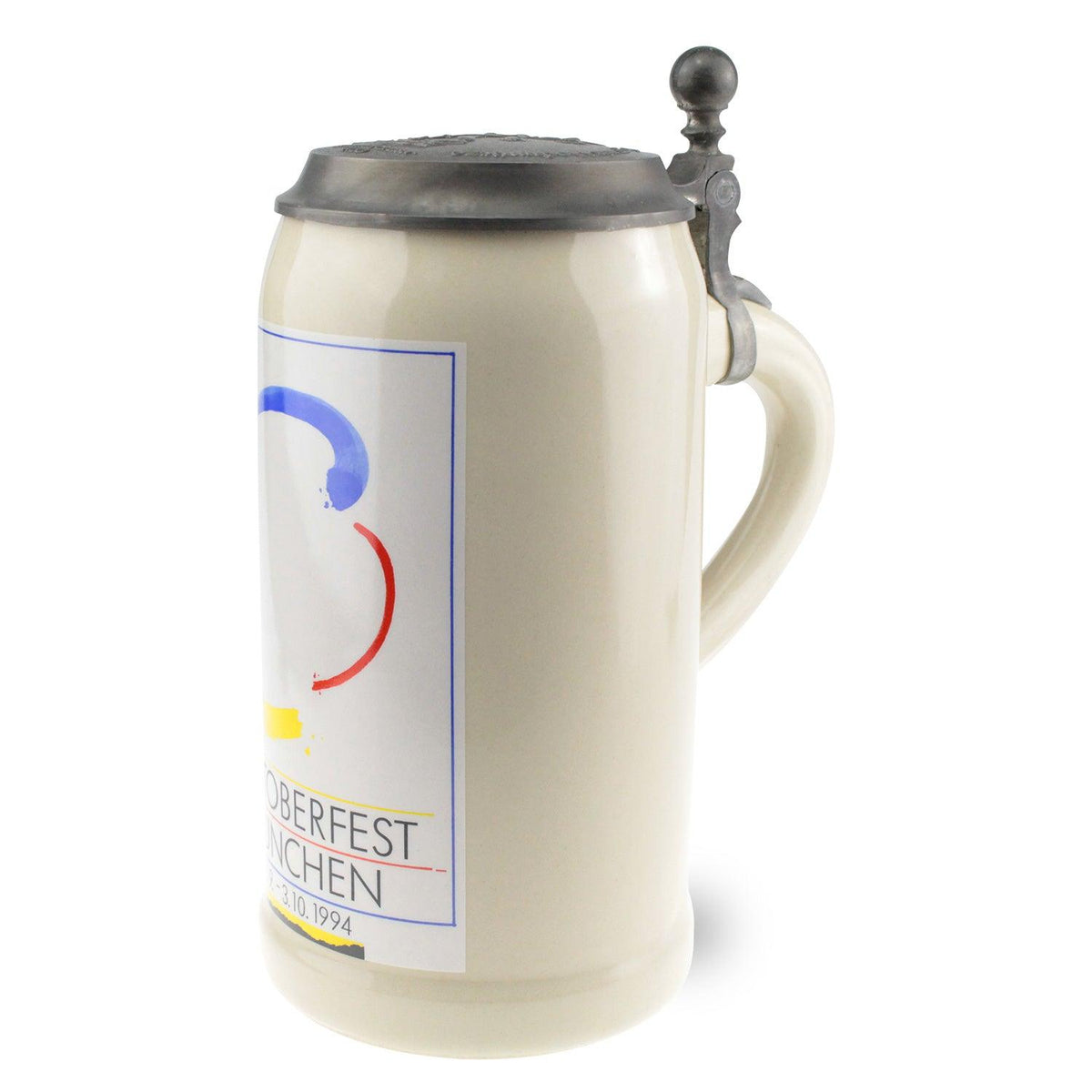Oktoberfestkrug aus grau-beigem Steingut mit Zinndeckel, farbigem Wiesn-Motiv 1994, Schriftzug und 1 Liter Füllmenge.