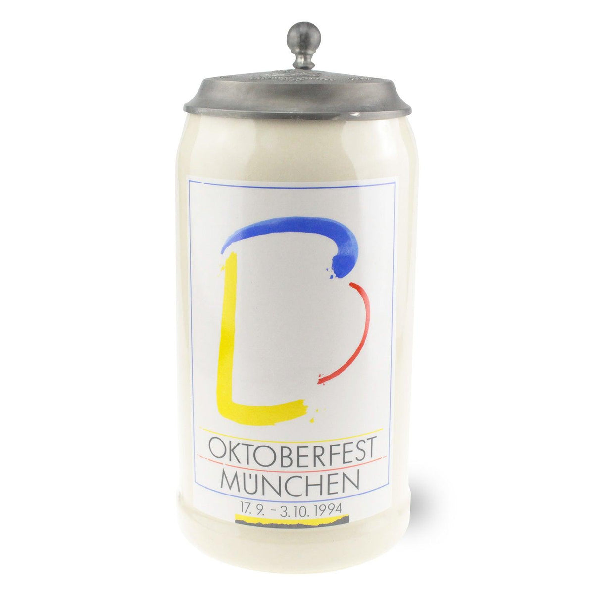 Oktoberfestkrug aus Steingut mit Zinndeckel, farbigem Motiv von 1994 und geprägtem Schriftzug, 1,0 Liter.