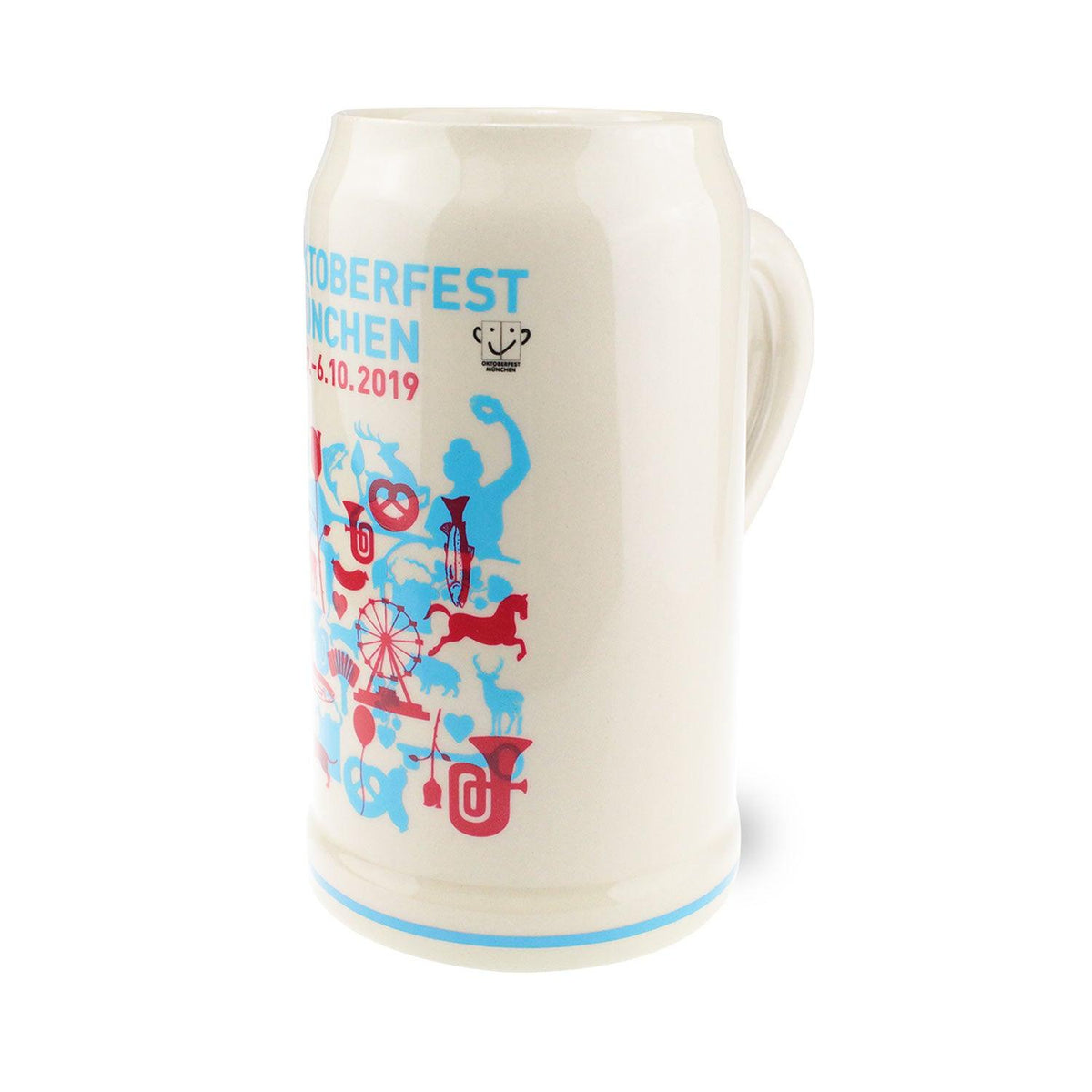 Offizieller Oktoberfestkrug 2019 aus Keramik mit blau-rotem Design und bayerischen Motiven.