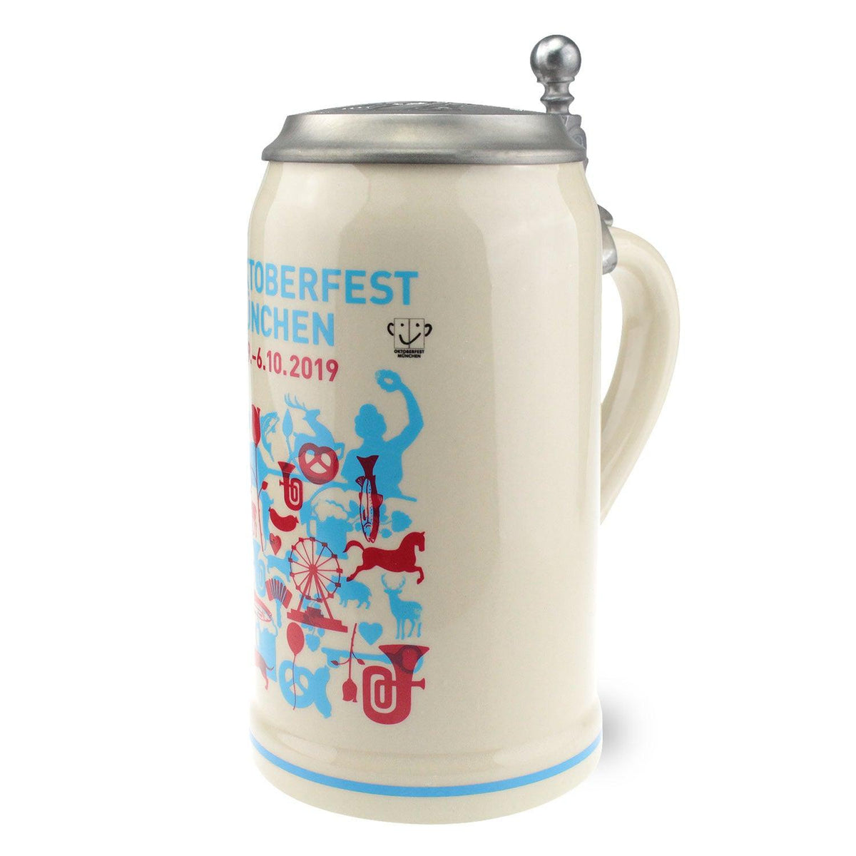 Offizieller Oktoberfestkrug 2019 mit Zinndeckel und buntem Grafikdesign auf hellem Steinzeug.