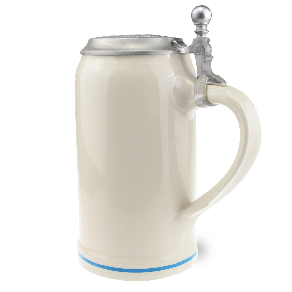 Offizieller Oktoberfestkrug 2019 aus Keramik mit Zinndeckel und blauem Zierstreifen.
