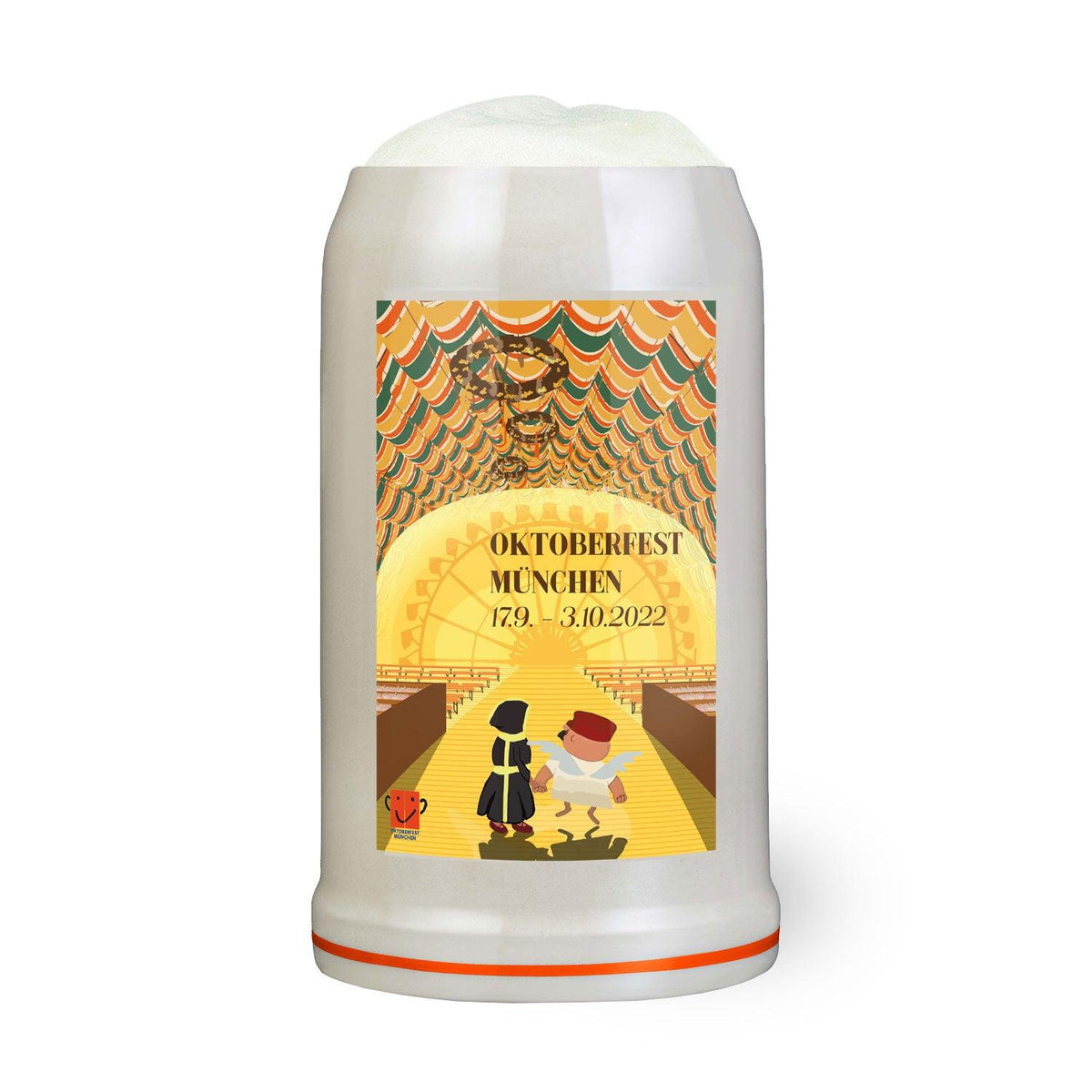 Offizieller Oktoberfestkrug 2022 mit detailliertem Festzeltmotiv und Datum. Keramikkrug mit bunter Illustration.