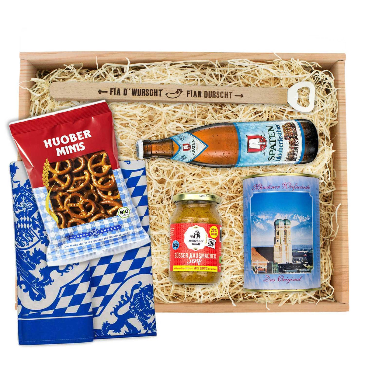 Oktoberfest-Box "Weißwurschtfrühstück" mit Spaten Oktoberfestbier, süßem Senf, Weißwürsten, Brezeln und bayerischem Geschirrtuch in Holzkiste.