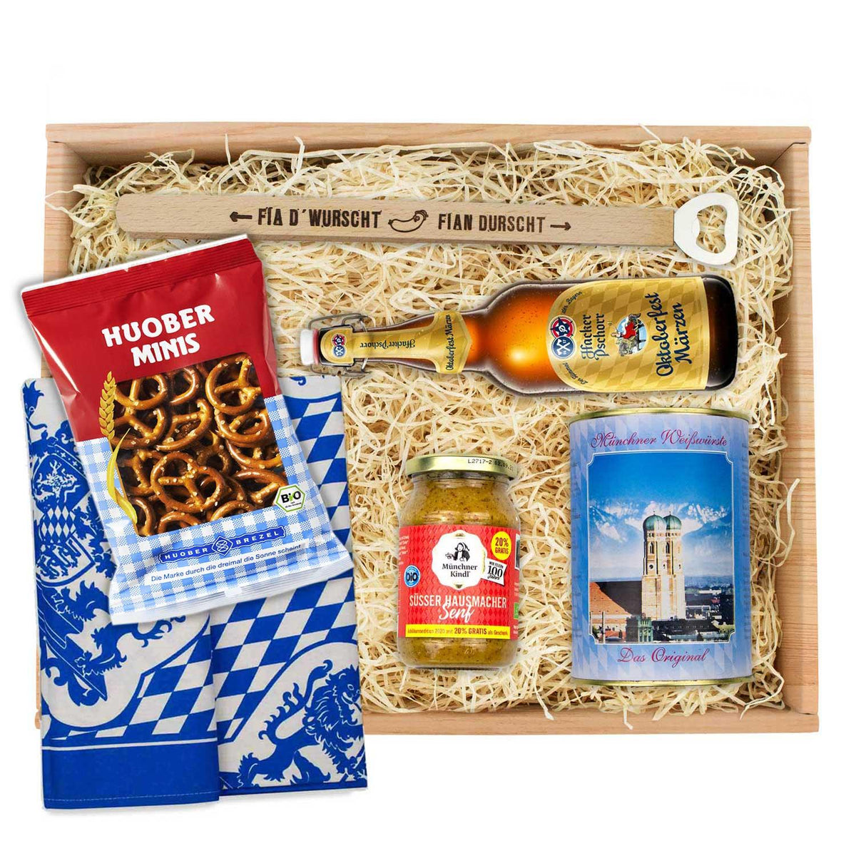 Oktoberfest-Box "Weißwurstfrühstück" mit Senf, Brezeln, Weißwürsten, Bier und bayerischem Geschirrtuch in Holzkiste.
