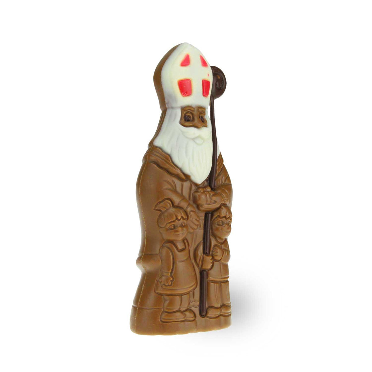 Original Nikolaus aus Schokolade, verziert mit weißer Bischofsmütze und Mantel, Kinderfiguren am Fuß.