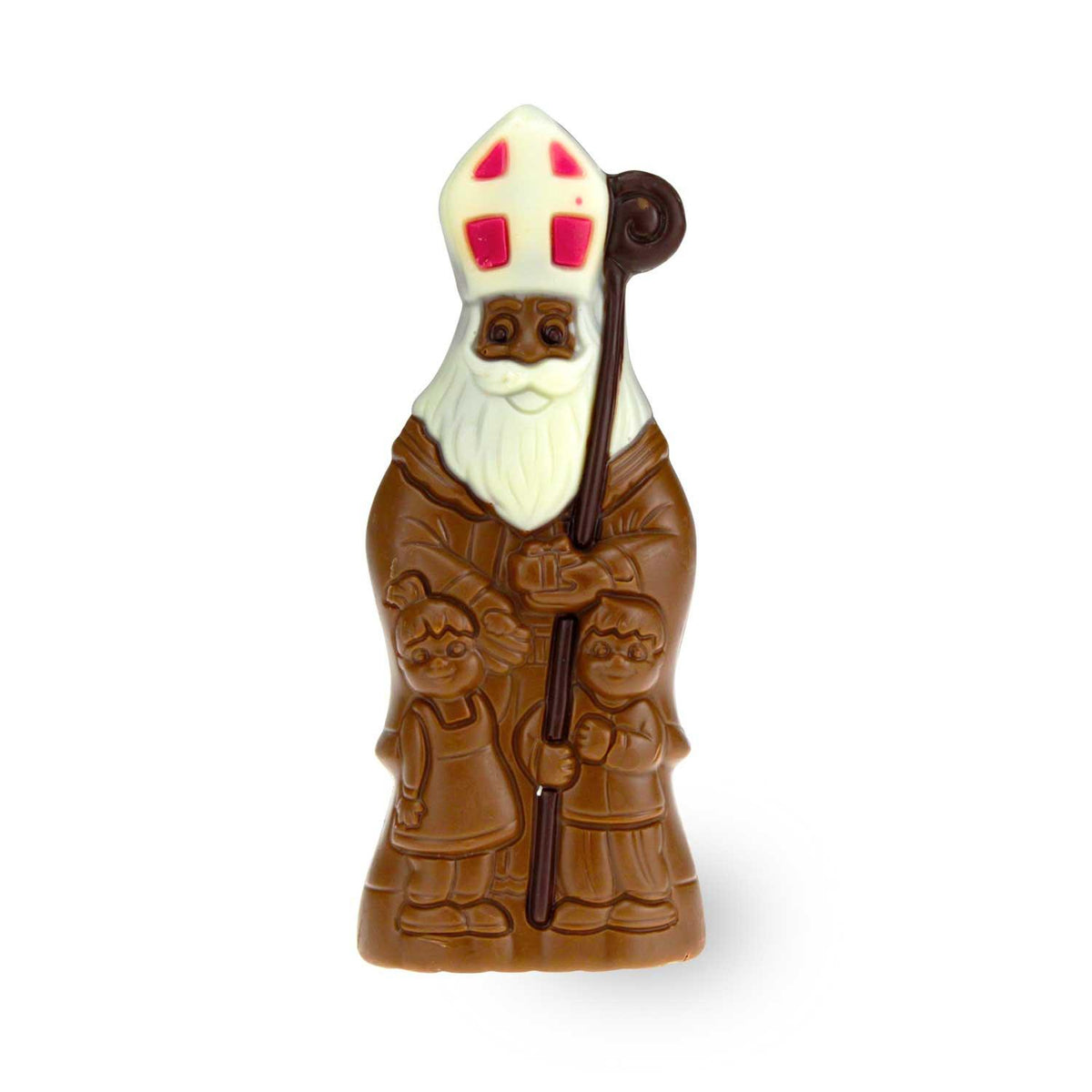 Nikolausfigur aus Milchschokolade mit weißem Bart und Bischofsmitra, umgeben von Kindern als Teil der Weihnachtsbox Nikolaussackerl.