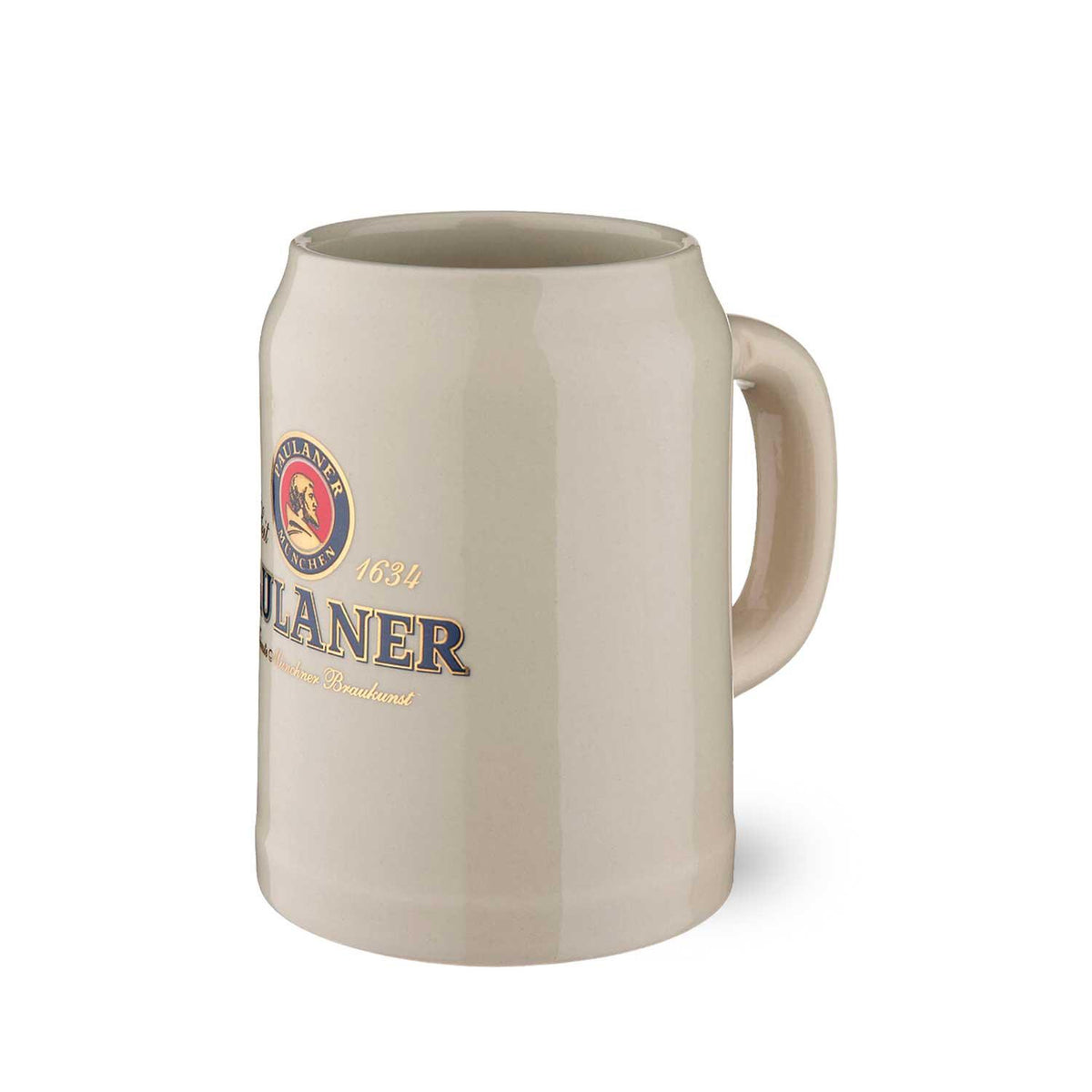 Großer matter Bierkrug aus Keramik mit seitlichem Paulaner Logo und Tragegriff, ideal für Bierliebhaber.