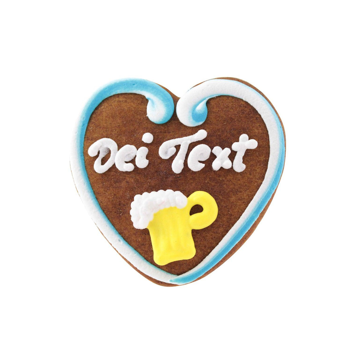 Lebkuchenherz mit blau-weißem Rand, Schriftfeld für Text und Biermotiv. Oktoberfest-Süßigkeit.