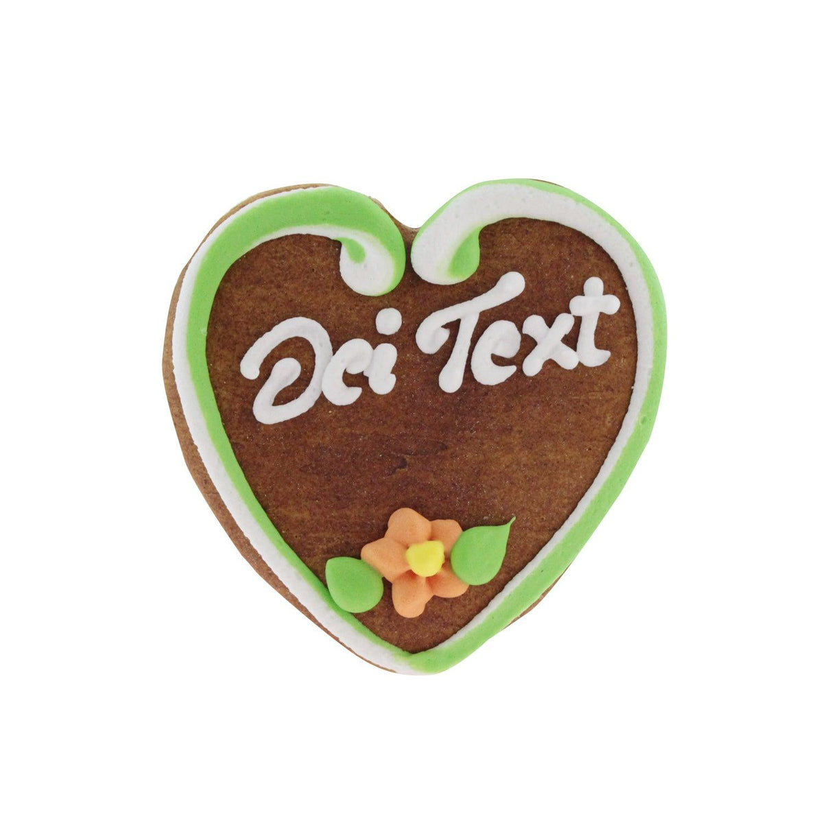 Braunes Lebkuchenherz mit weißer und grüner Umrandung, orangefarbene Zuckerblume und personalisiertem Text "Dei Text".