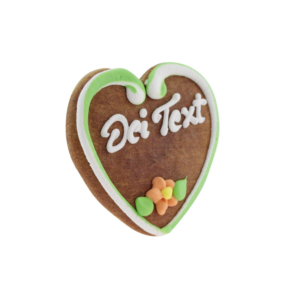 Braunbraunes Lebkuchenherz mit weißer und hellgrüner Zuckerguss-Umrandung, darunter ein kleiner Blütenkranz und personalisierbarem Text in weißer Schrift.