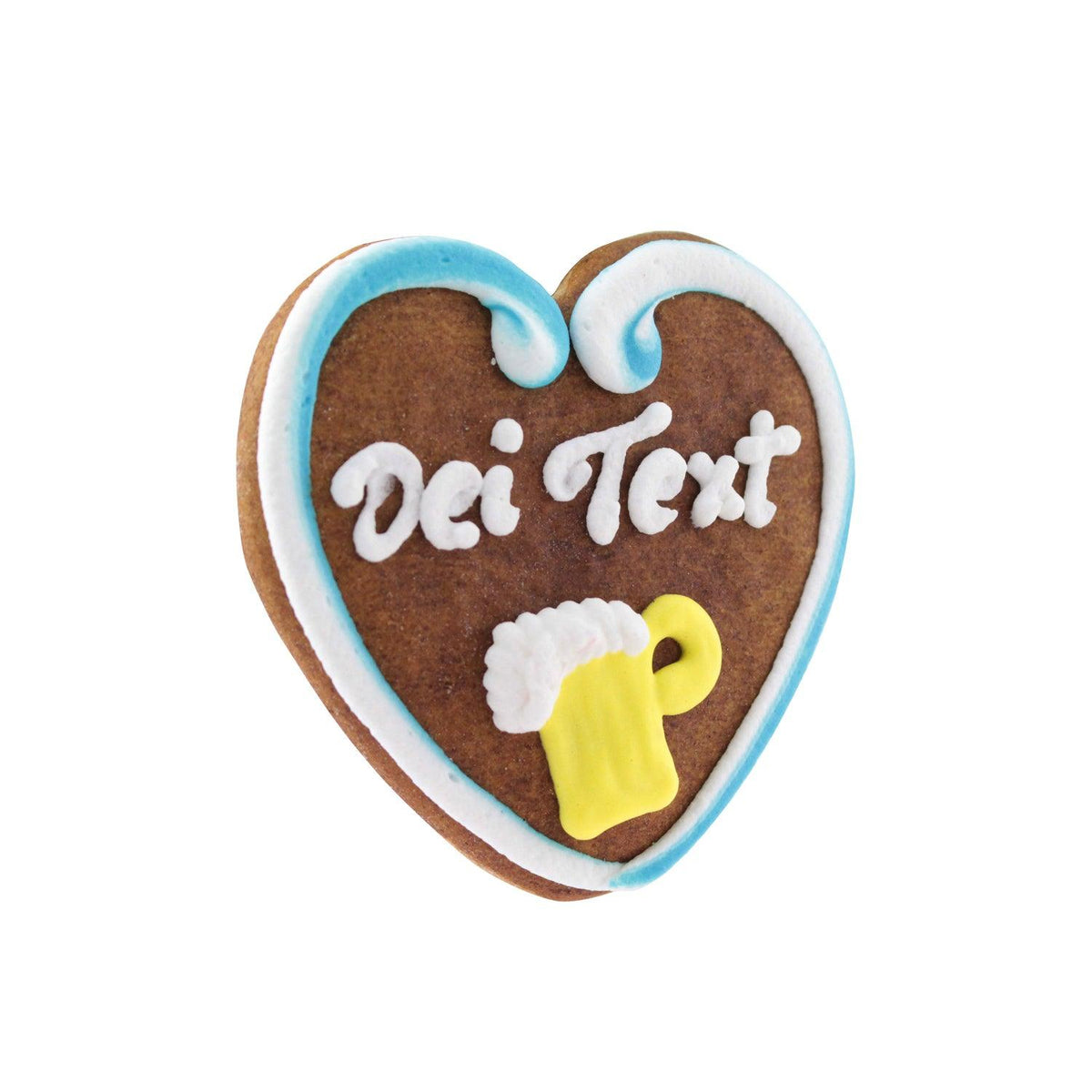 Lebkuchenherz mit blau-weißer Zuckergussumrandung und der Aufschrift Dei Text, verziert mit einem gelben Bierkrug Motiv.