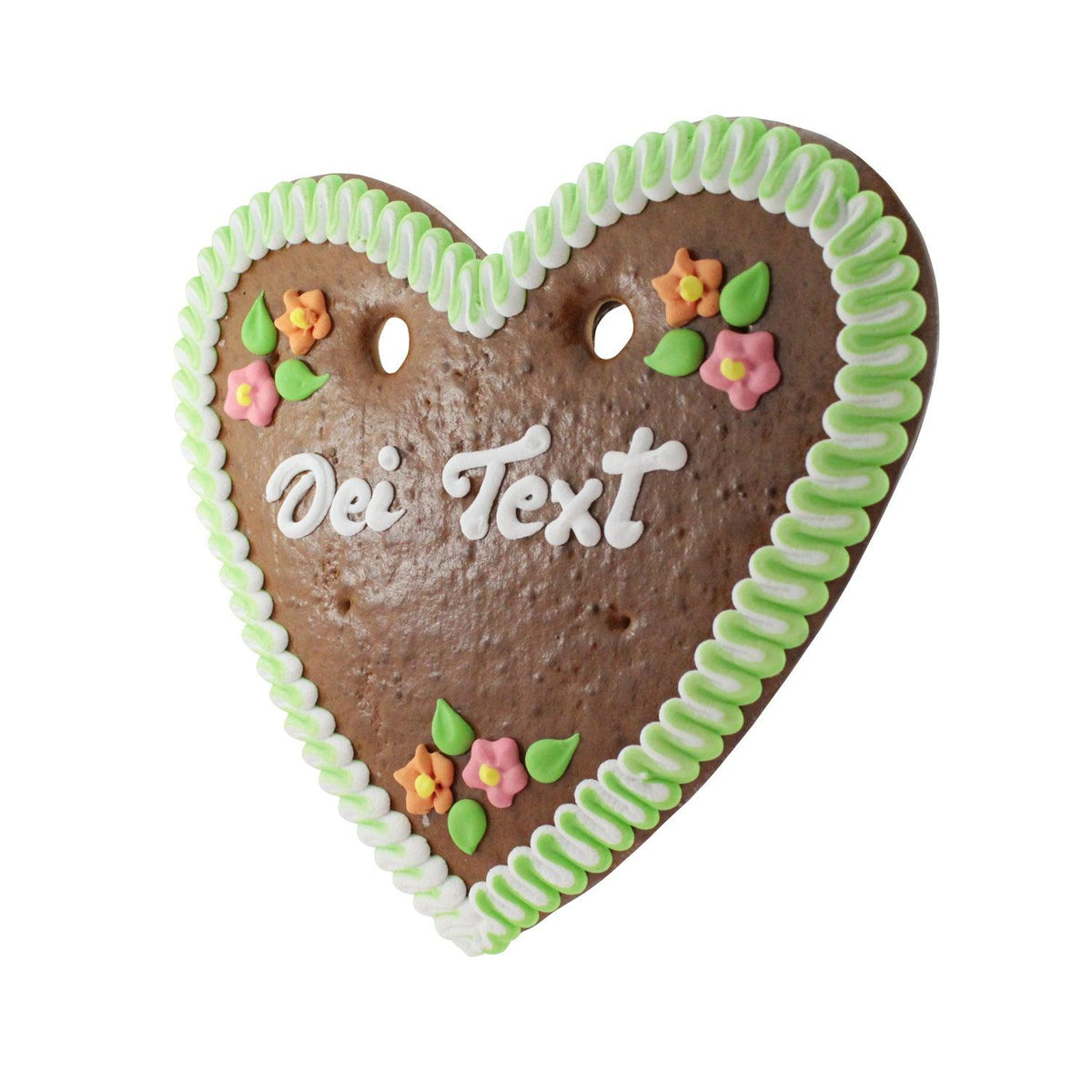 Braunbackener Lebkuchenherz mit weiß-grünem Rand, zarten Blumen und Personalisierungsfeld "Dei Text