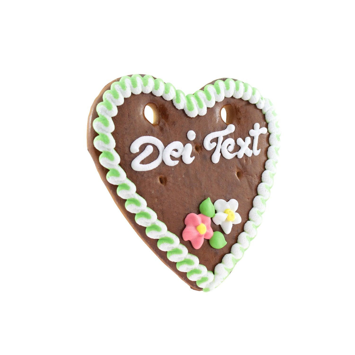 Braunes Lebkuchenherz mit weißer und grüner Zuckergussverzierung, kleinen Blüten und Schriftzug "Dei Text".