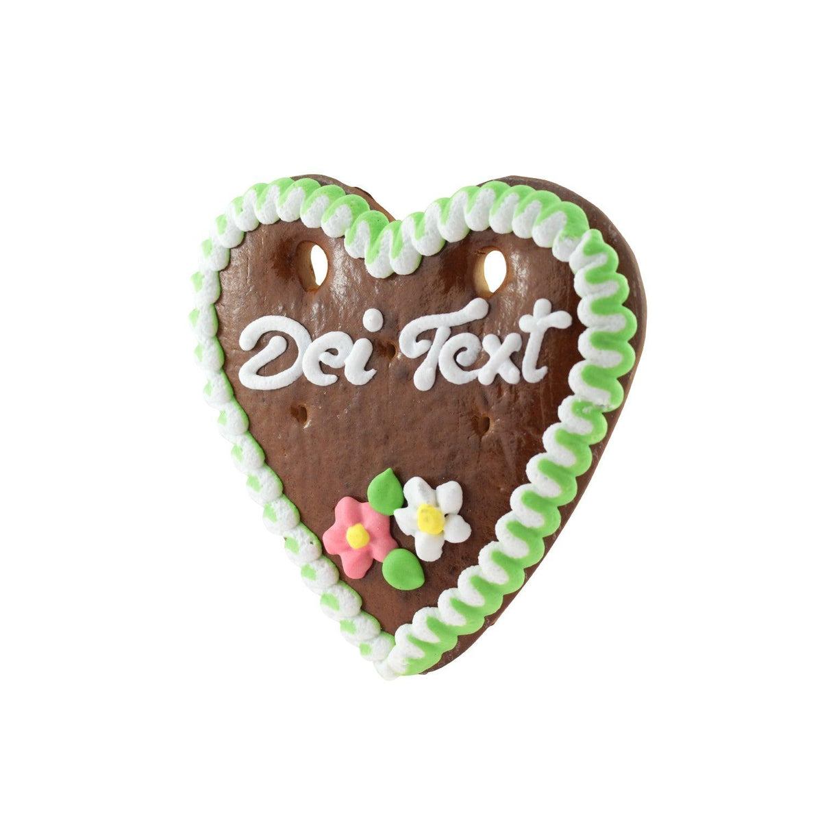 Lebkuchenherz mit grüner und weißer Zuckerguss-Umrandung, bunter Blumenverzierung und dem Schriftzug "Dei Text".