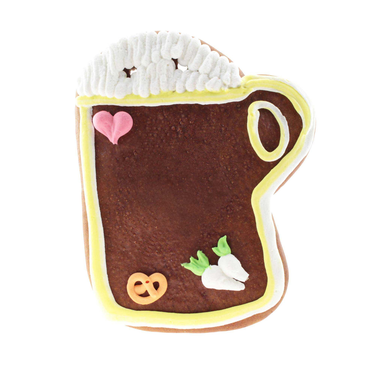 Lebkuchen-Bierkrug mit weißem Schaum, Brezel, Radieschen und rosa Herzchen-Dekor, Oktoberfest-Motiv