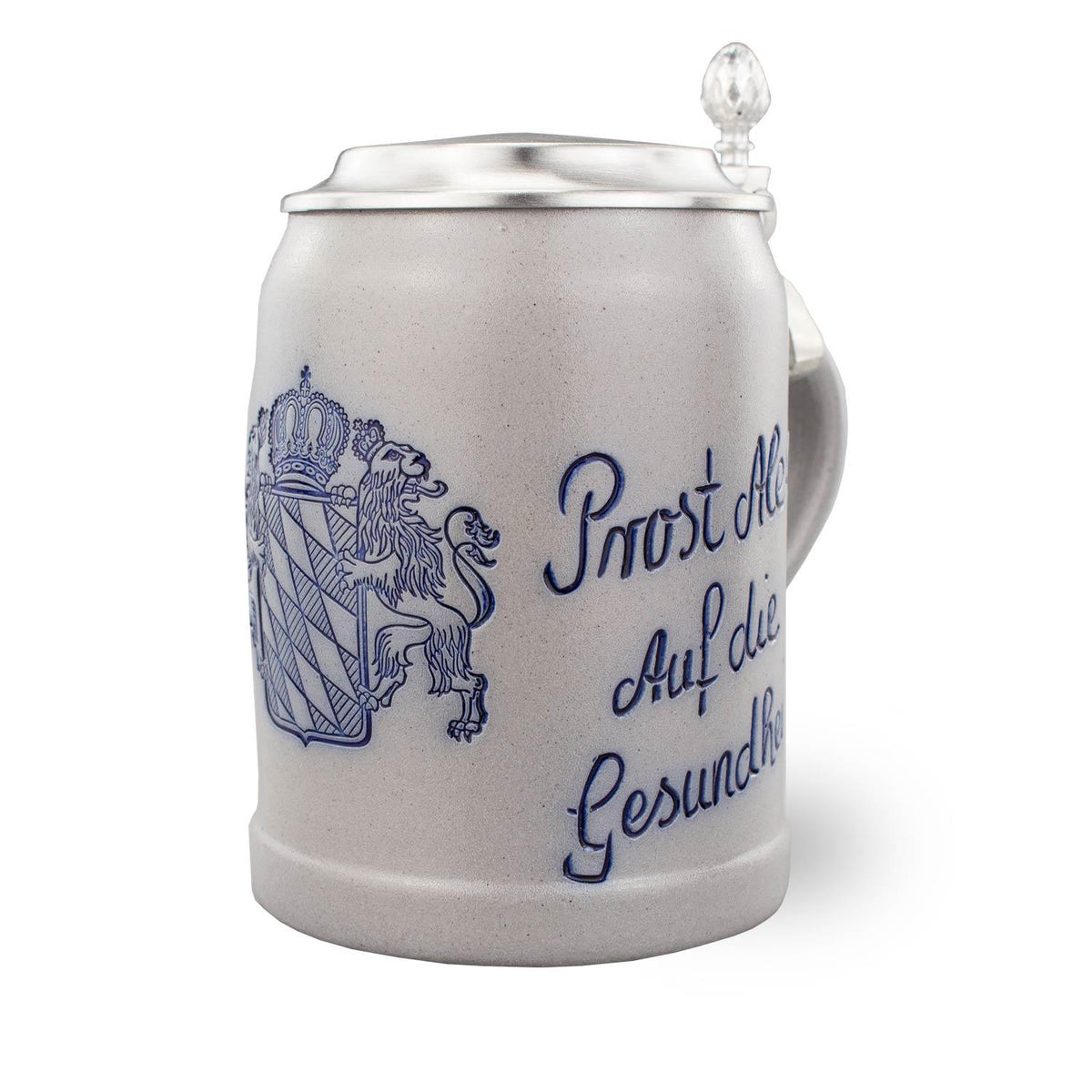 PREMIUM Bierkrug „Bayern“ mit Deckel und Gravur: grauer Steinkrug 0,5 l mit Zinndeckel, blau graviertem bayerischem Wappen und Wunschtext