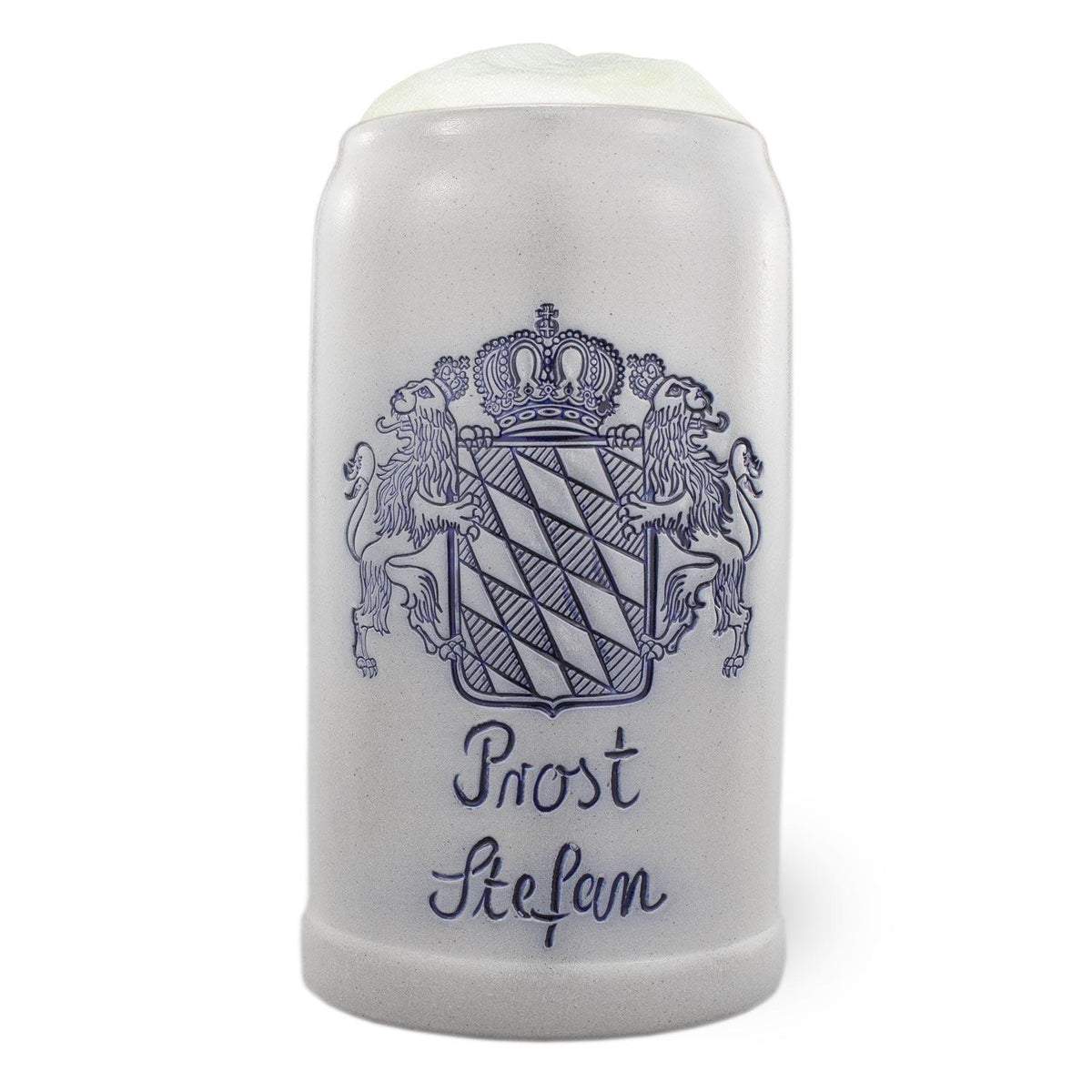 Grauer keramischer Bierkrug mit bayerischem Wappen, personalisierter Gravur "Prost Stefan" und Schaumkrone