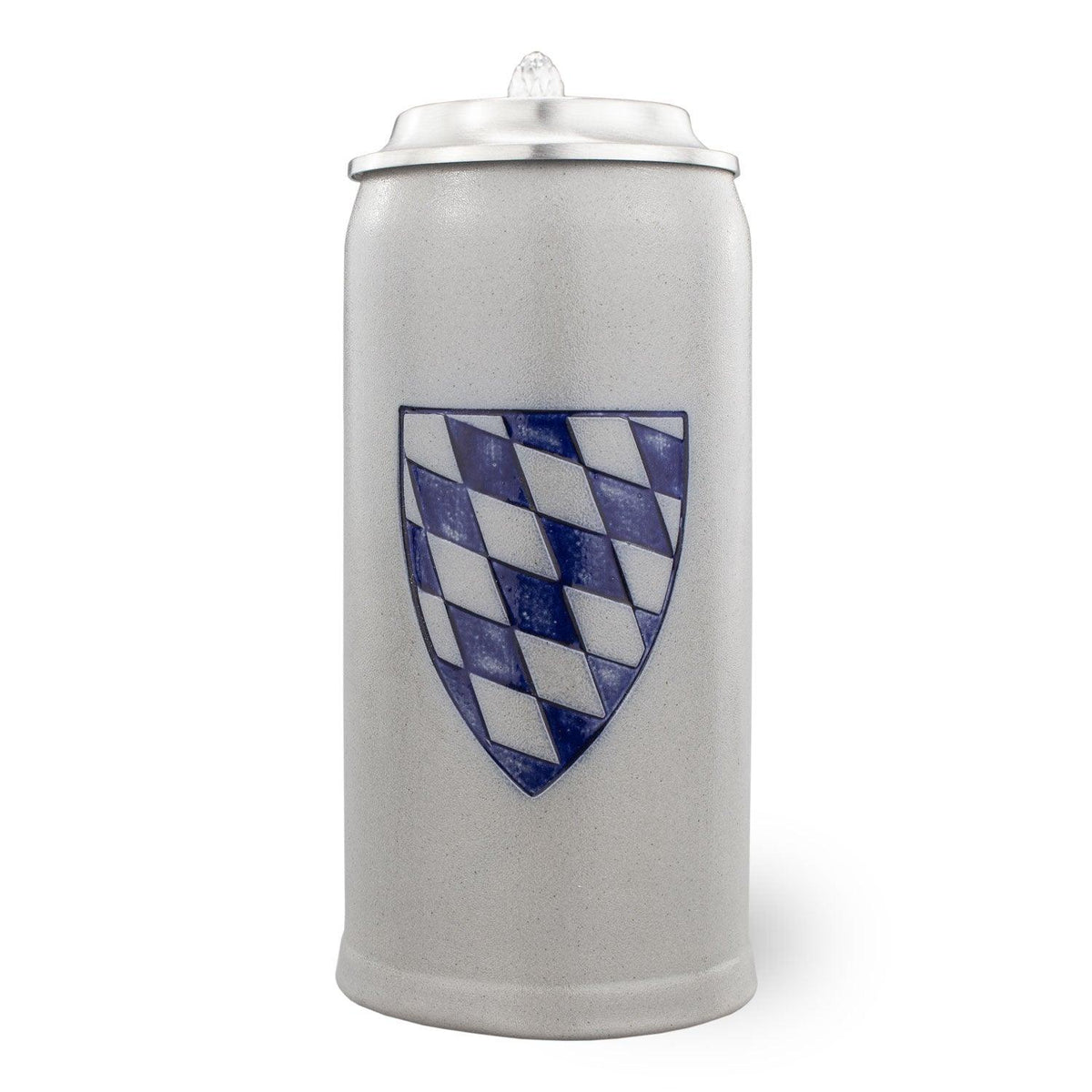 Traditioneller Steinkrug mit bayerischem Rautenwappen und schlichtem Zinndeckel für Biergenuss