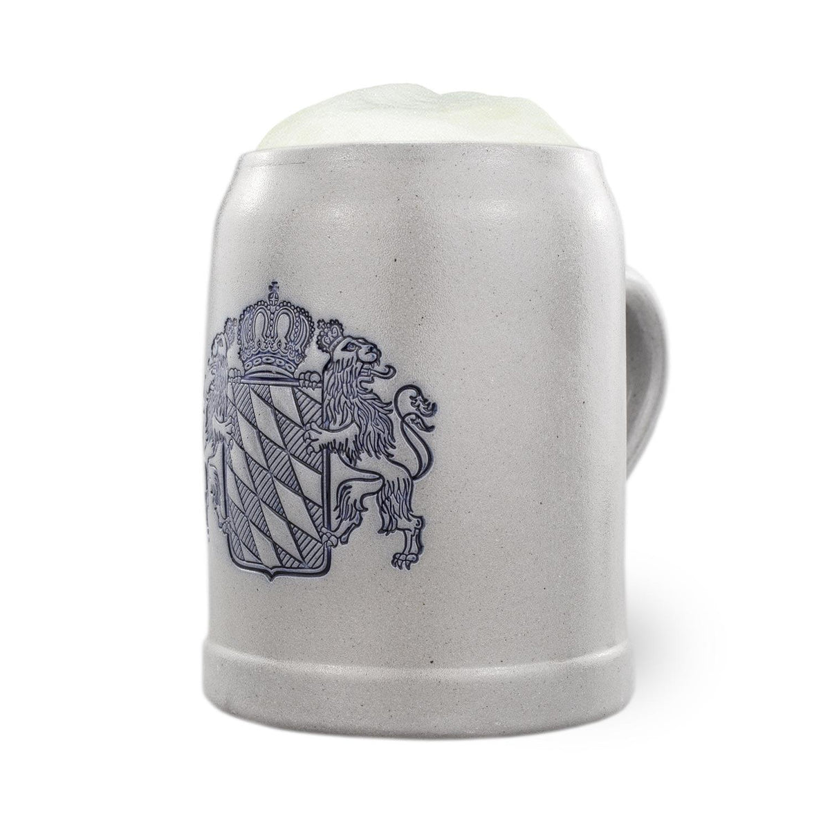 Traditioneller Bierkrug aus Steinzeug mit bayerischem Wappen-Prägemotiv, grau-beige, 0,5 Liter Fassungsvermögen.