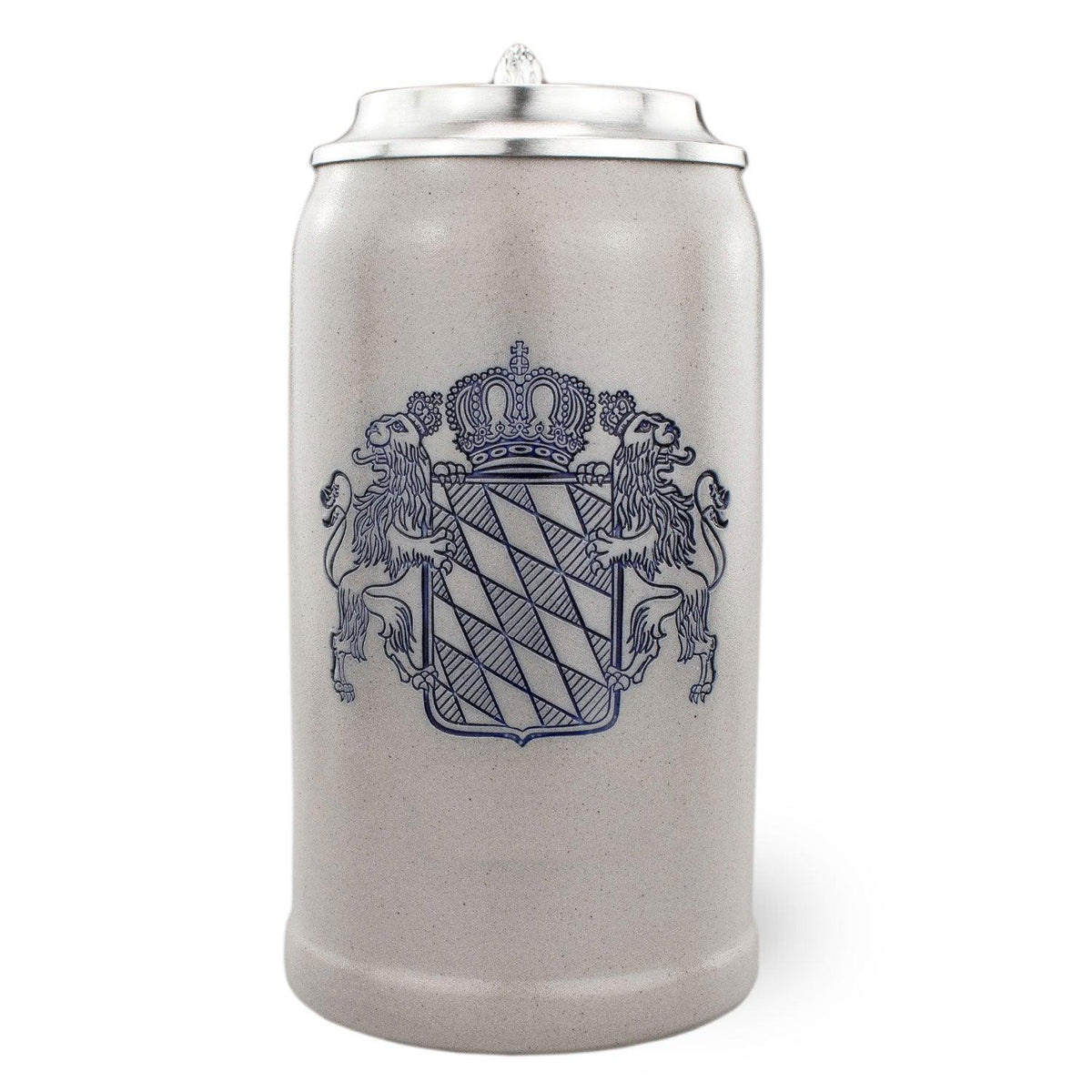 PREMIUM Bierkrug Bayernwappen aus grauem Steinzeug mit blauem Wappen von Löwen umrahmt und Zinndeckel.