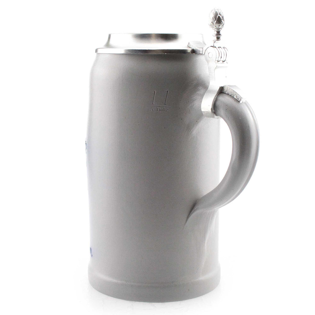 Robuster PREMIUM Bierkrug mit Bayernwappen, grauem Keramik-Körper, Zinndeckel und Henkel, 1 Liter.