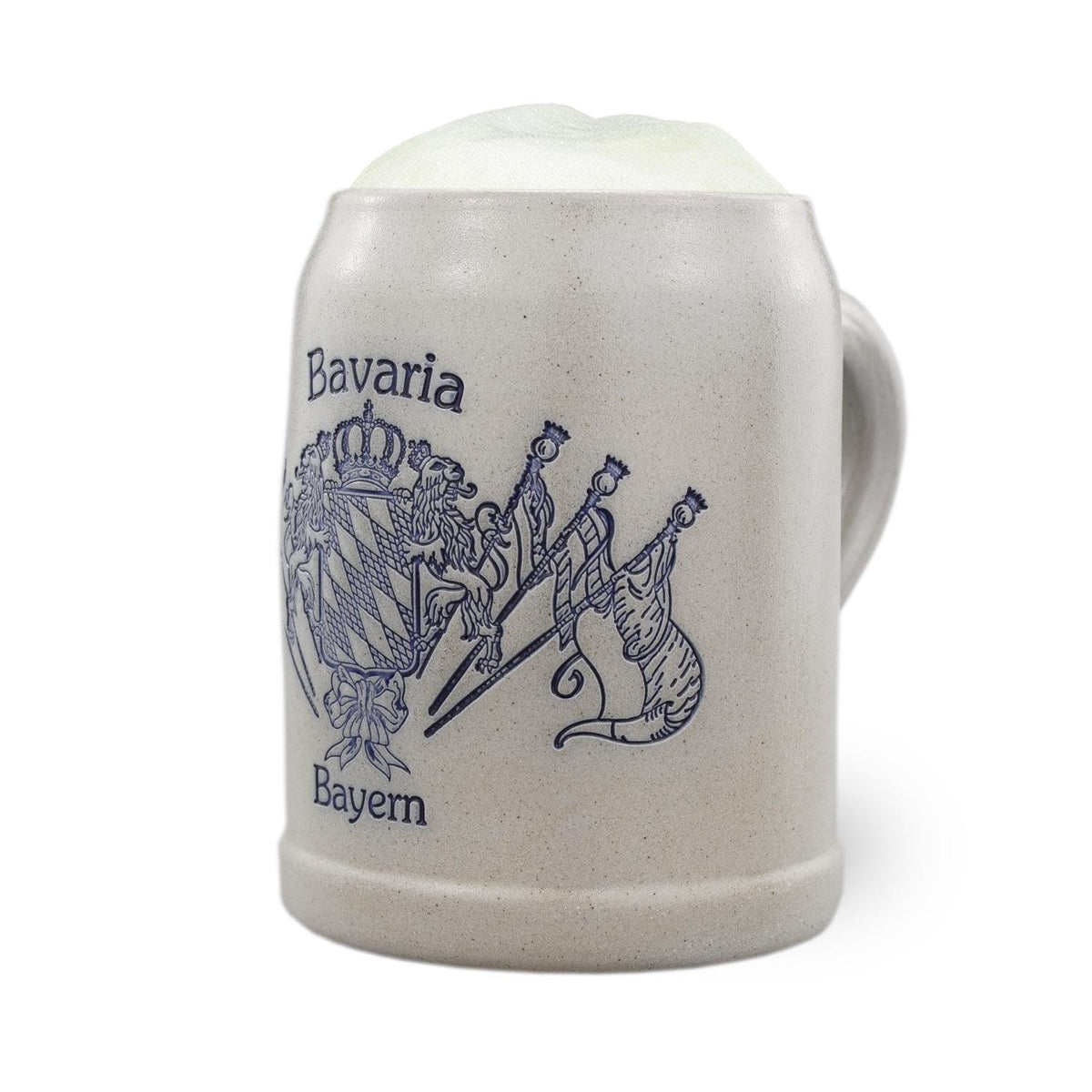Traditioneller Bierkrug aus Steinzeug mit bayerischem Staatswappen, blauer Rautenfahne und goldgelber Umrandung, 0,5 Liter.