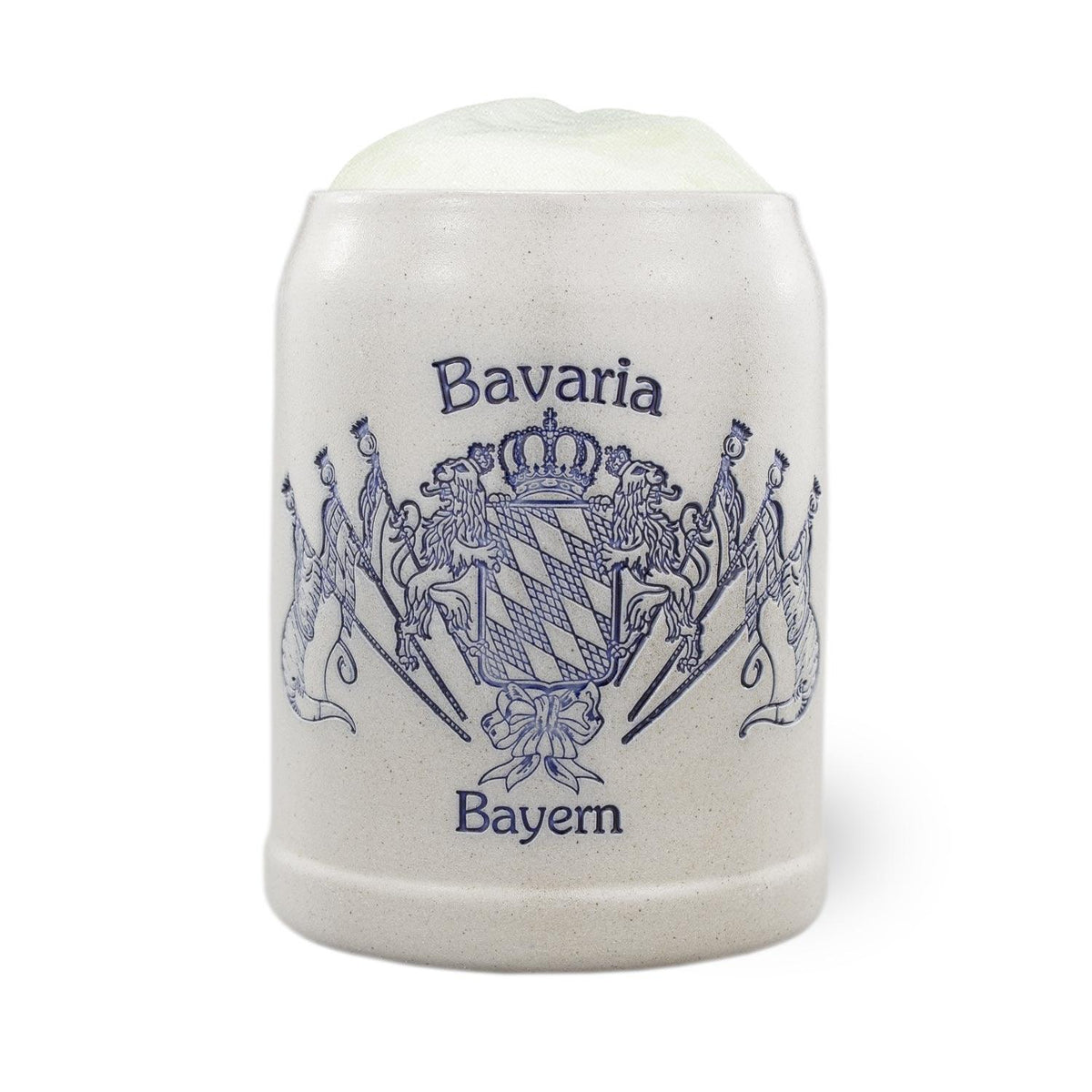 Halbglasierter Steinkrug mit bayerischem Staatswappen, Rautenmuster und Fahnenmotiv, traditionell geprägt, 0,5 l.