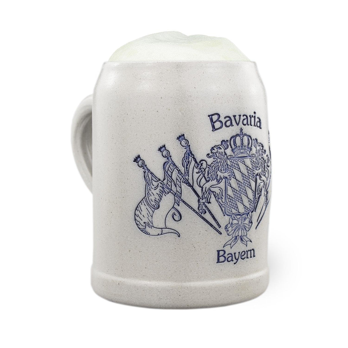 Traditioneller Bierkrug aus Steinzeug mit bayerischem Rautenmuster, Staatswappen und gekreuzten Fahnen, 0,5 L.