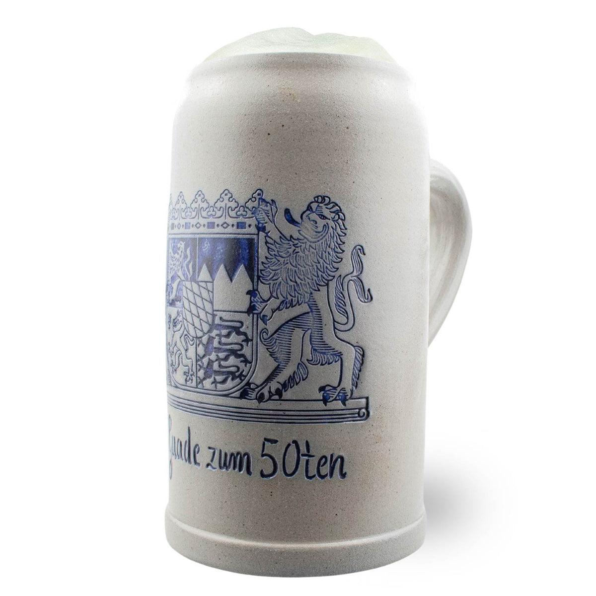 PREMIUM Bierkrug Freistaat Bayern aus Steingut mit blauem Wappen und Inschrift auf weißem Hintergrund.