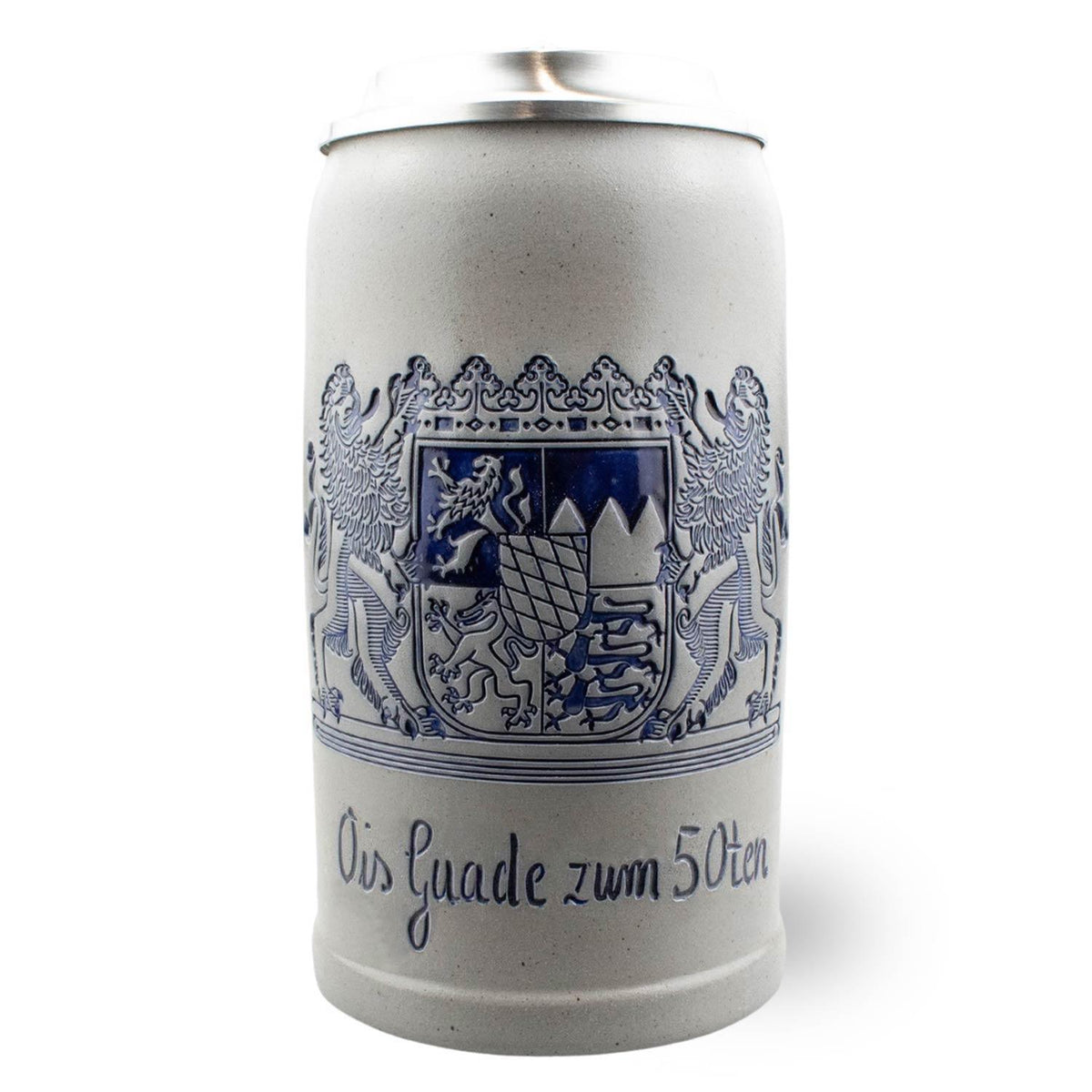PREMIUM Bierkrug Freistaat Bayern. Grauer Keramikkrug mit blauem bayerischem Wappen und Zinndeckel.