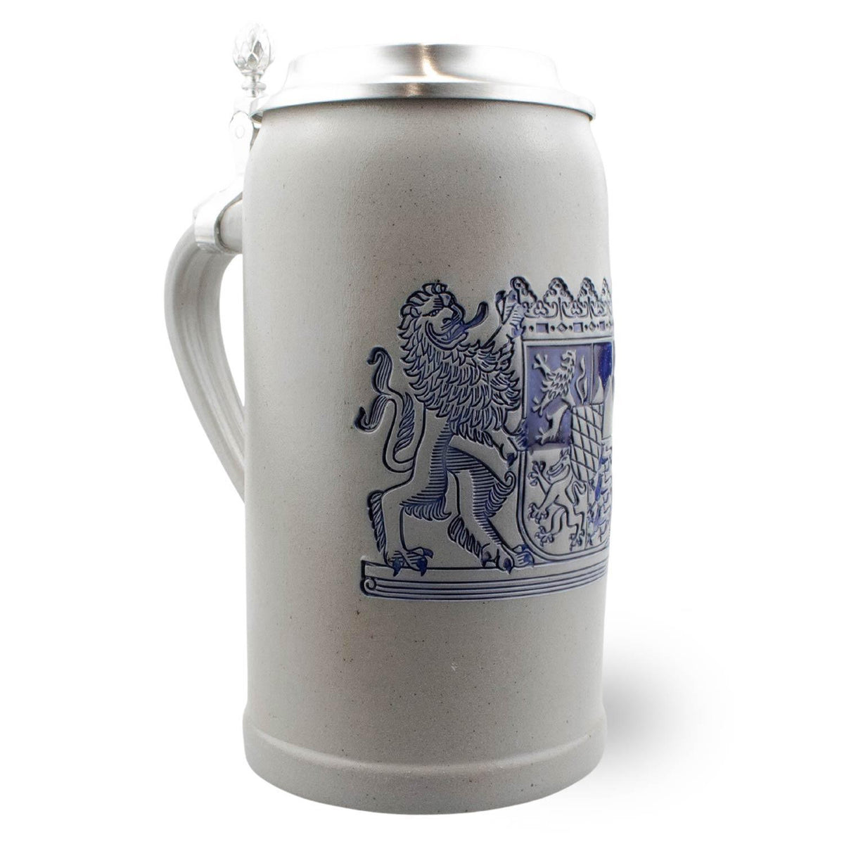 PREMIUM Bierkrug Freistaat Bayern aus grauem Steingut mit blauem bayerischen Löwenwappen und Zinndeckel