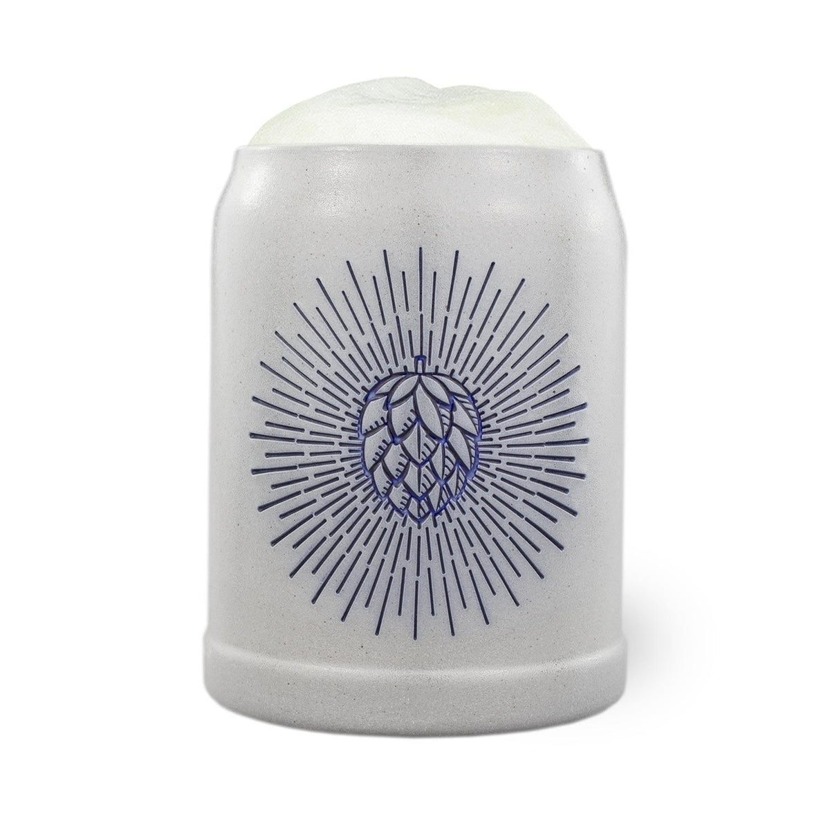 PREMIUM Bierkrug Holy Hopfen, heller Steinkrug mit sattblauem Hopfenstrahl-Motiv und Schaumkrone.