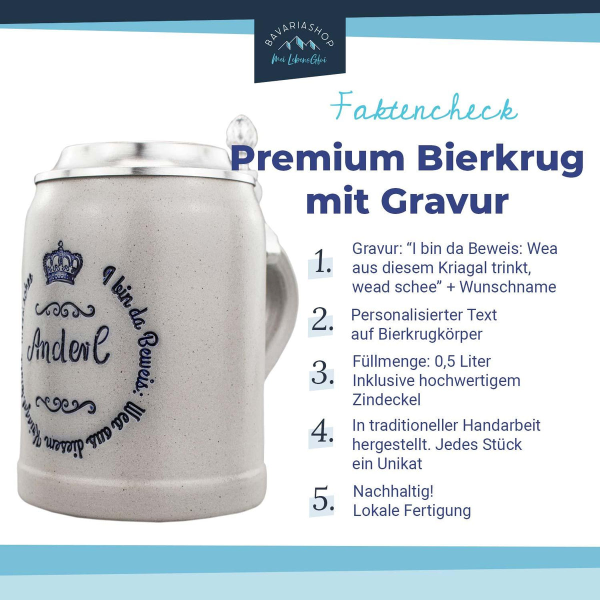 Handgefertigter Premium-Bierkrug mit personalisierter Gravur und Zinndeckel, 0,5 Liter Füllmenge.