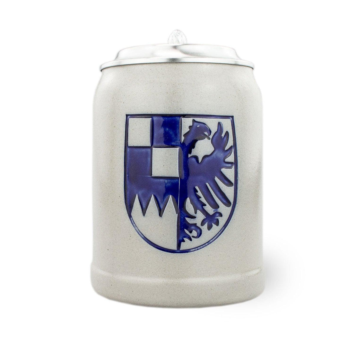 PREMIUM Bierkrug Mittelfranken, grau-blauer Steinkrug mit Wappen und Zinndeckel, traditionell.