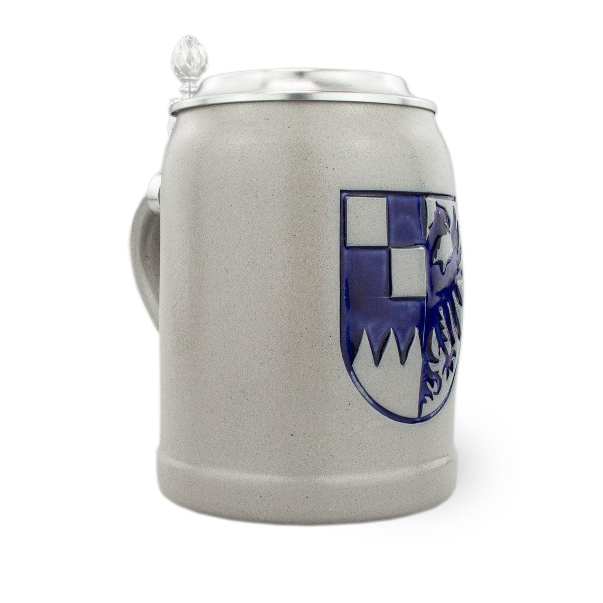PREMIUM Bierkrug Mittelfranken aus Keramik mit blauem Wappen und verziertem Zinndeckel.