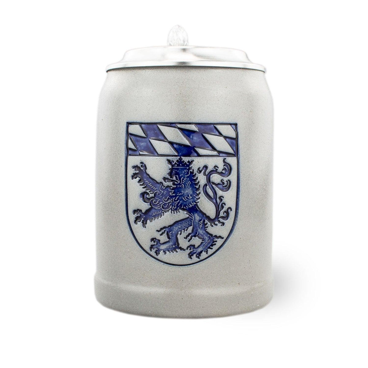 PREMIUM Bierkrug Oberbayern aus Steingut, grau-blau mit Zinn-Deckel und bayerischem Wappen.