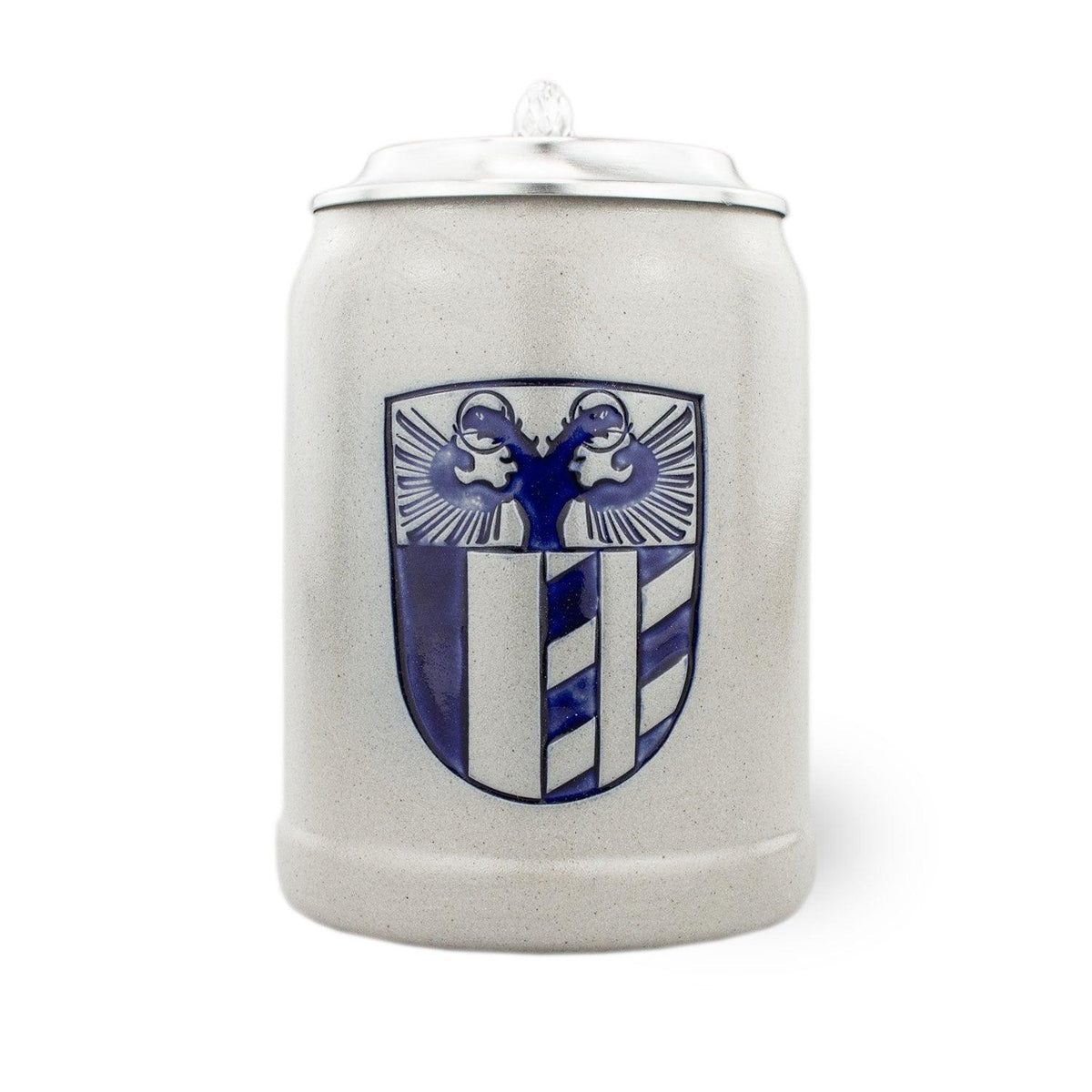 PREMIUM Bierkrug Schwaben aus Keramik mit blauem Wappen und Zinndeckel, traditionelles Design.