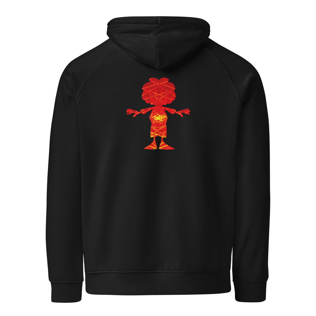 ®Pumuckl Damen Hoodie "Ampel-Edition": Schwarzer Kapuzenpullover mit rotem, gemustertem Pumuckl-Motiv auf dem Rücken.