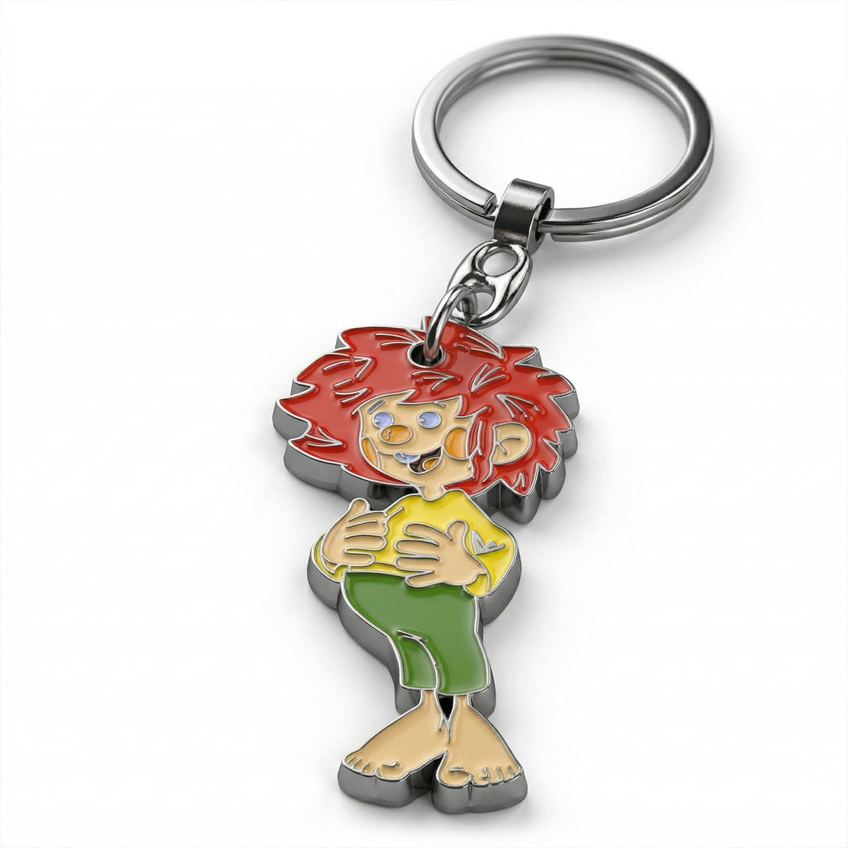 Bunter Pumuckl Schlüsselanhänger mit roter Haarmähne, gelbem Hemd und grüner Hose, detailliert verarbeitet