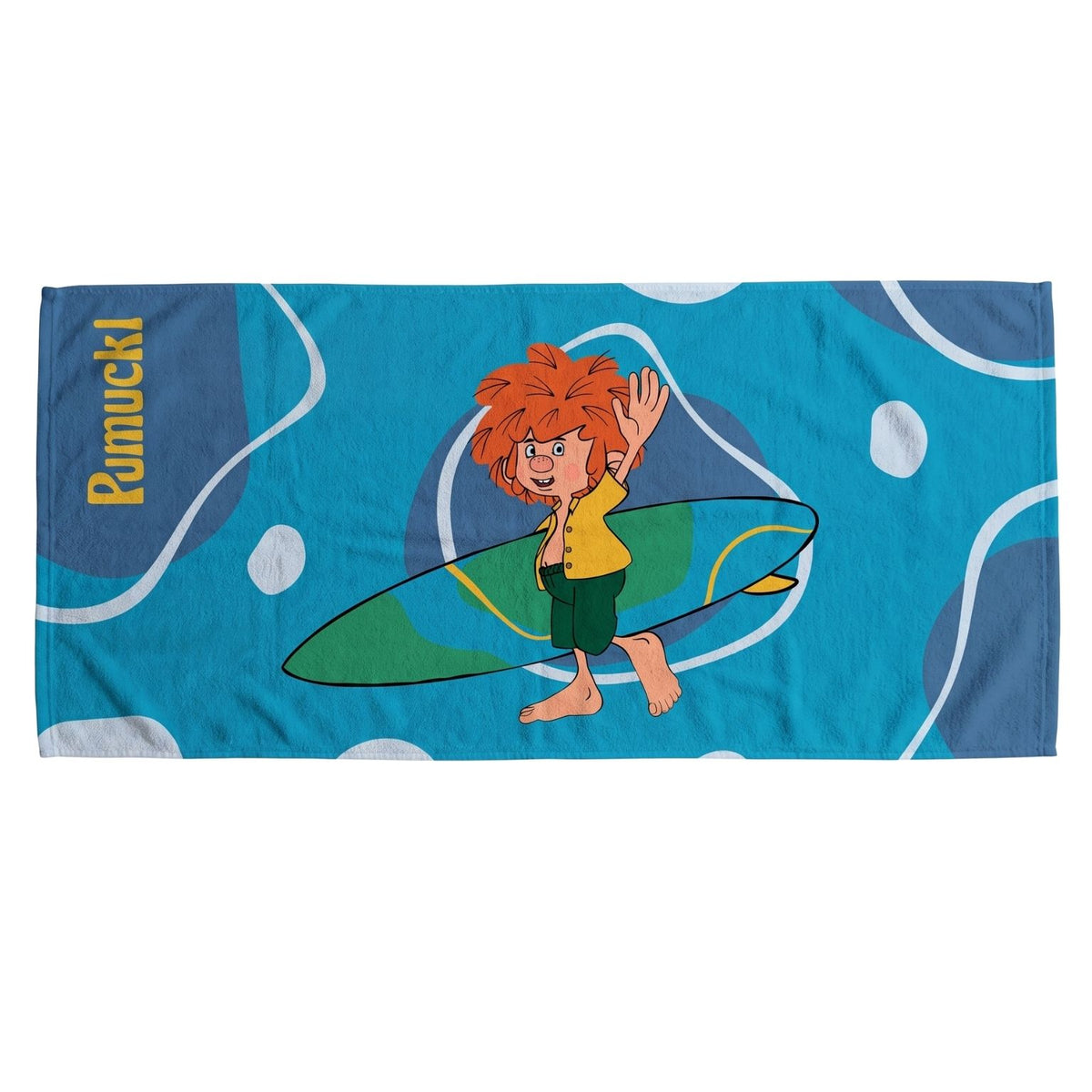 Pumuckl Badetuch XXL Blau mit Pumuckl auf dem Surfbrett und Wellenmuster – Strandtuch aus Baumwolle