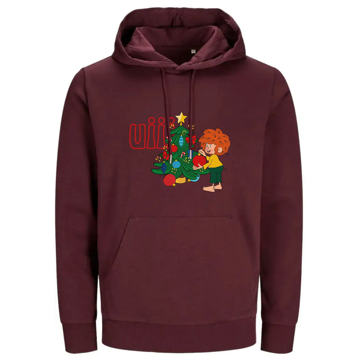 Pumuckl Weihnachtspullover in Weinrot: Unisex-Hoodie mit Kängurutasche und Brustmotiv „uiii“ mit Pumuckl am Christbaum