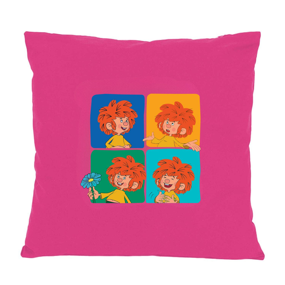 Pinkes Pumuckl Kissen mit vier Comic-Bildern des Kobolds in bunten Feldern, lächelnd und fröhlich.
