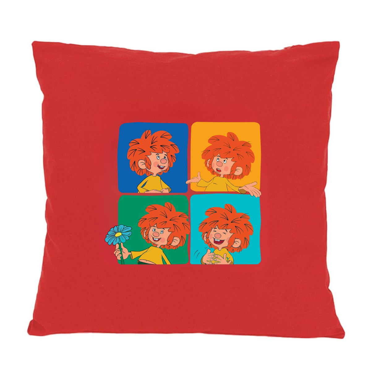 Rotes Pumuckl Kissen mit vier verschiedenen Gesichtsausdrücken des Kobolds auf farbigen Quadraten.