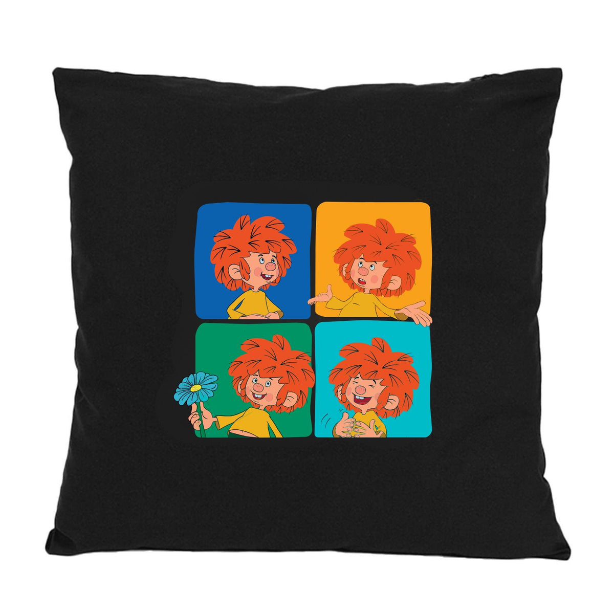 Schwarzes Kissen mit vier verschiedenen Pumuckl-Gesichtern in farbigen Quadraten; niedliches Cartoon-Motiv für Kinderzimmer.