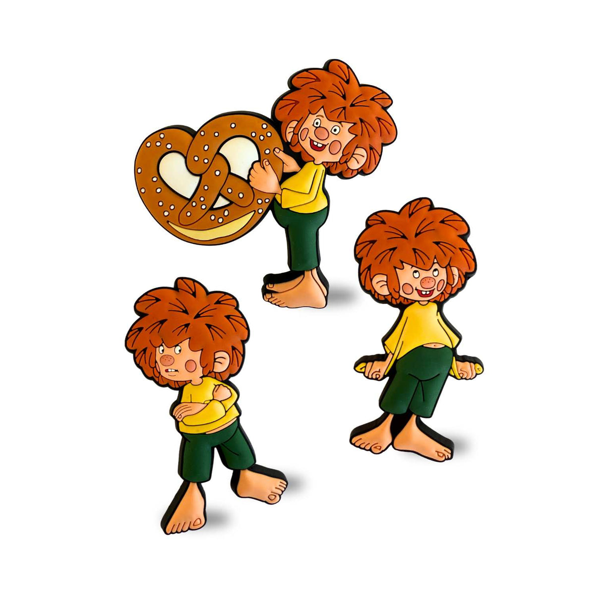 Pumuckl Magnete 3er Set im Retro-Look: Pumuckl mit Brezel, mit verschränkten Armen und lachend