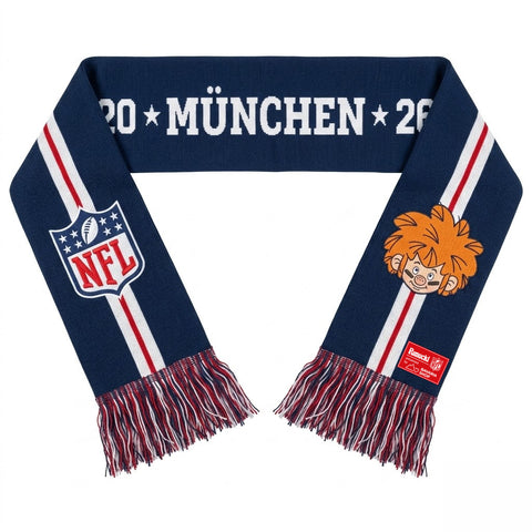 NFL x Pumuckl Fanschal – dunkelblauer NFL Schal mit „20 ★ MÜNCHEN ★ 26“, NFL-Logo und Pumuckl, rot-weiße Streifen und Fransen in Rot-Weiß-Blau