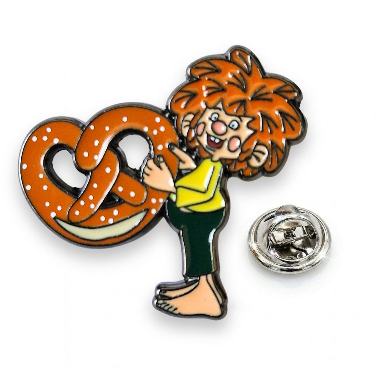 Pumuckl Brezel Anstecker im Detail – Emaille Pin mit dem frechen Kobold