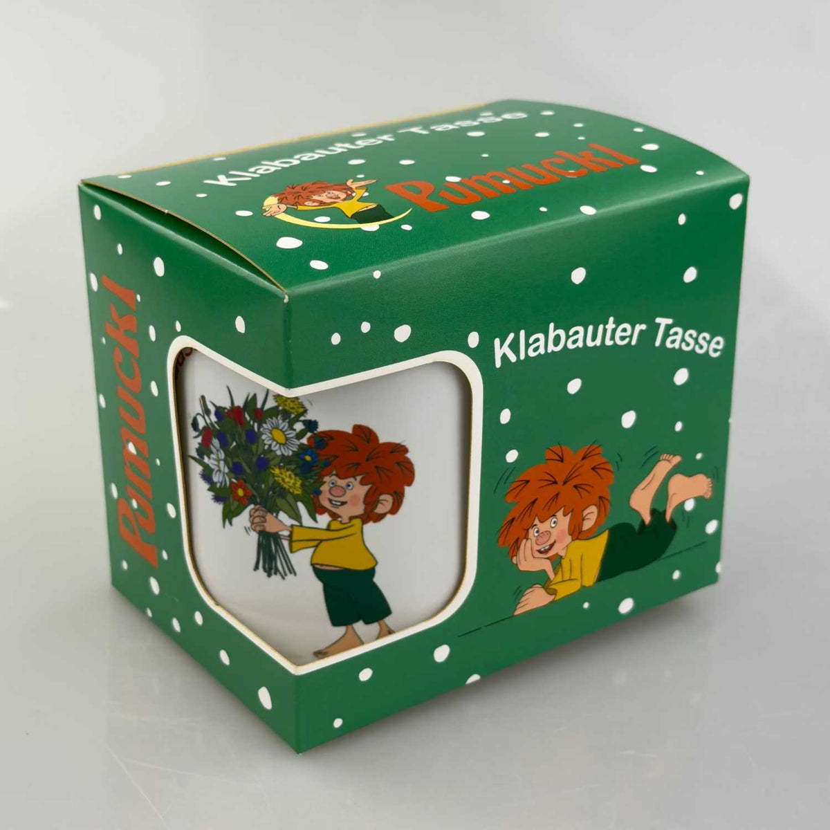 ®Pumuckl Tasse Schee, dass di gibt Mug in grüner Geschenkverpackung mit Klabauter Illustration und Punkten.
