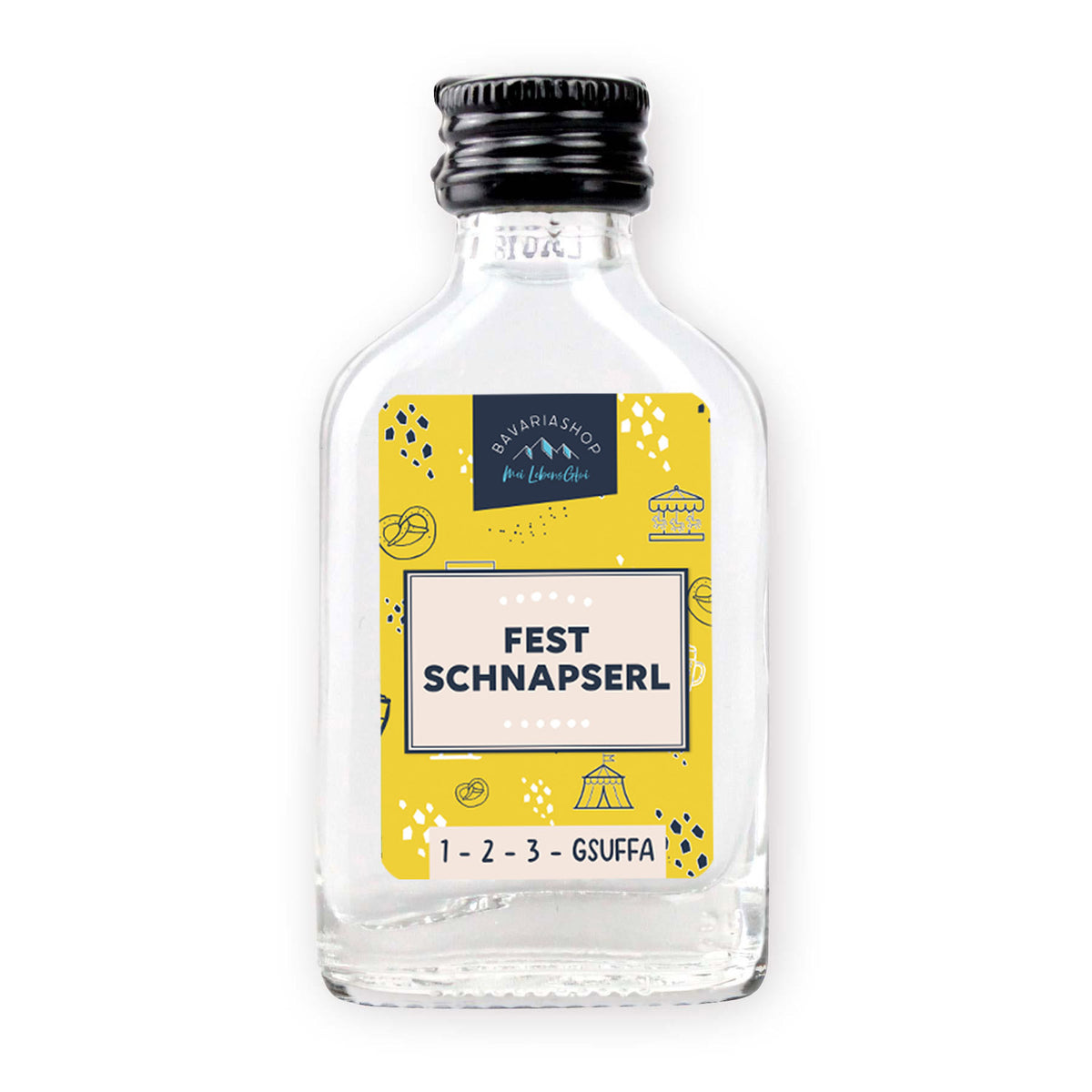 Transparente Glasflasche mit gelbem Etikett für Fest Schnapserl 2cl, schwarzem Schraubverschluss auf weißem Hintergrund.